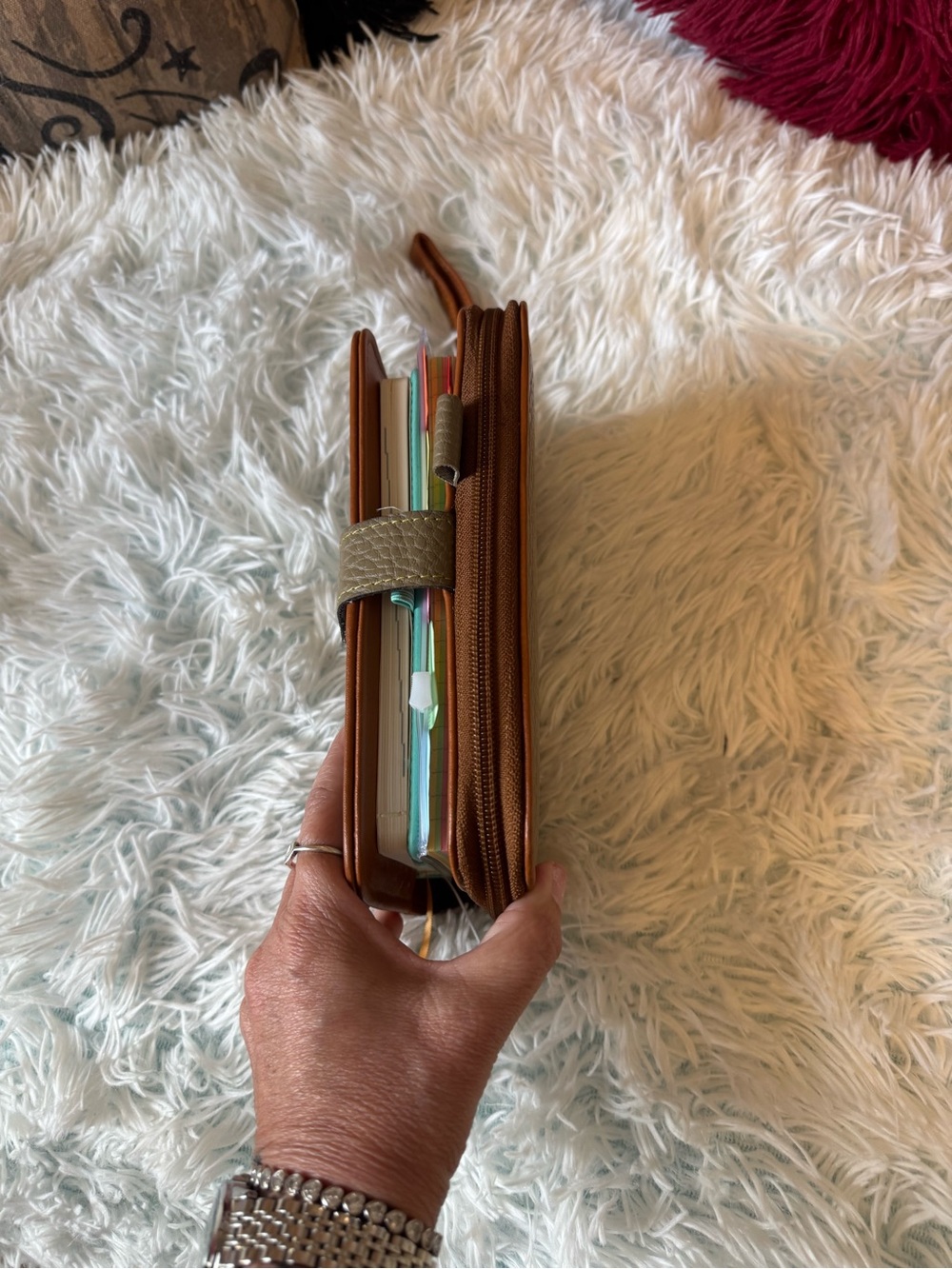 Olive Green Pebbled Leather Planner/Journal with Tan Trim - Picture 3 of 14